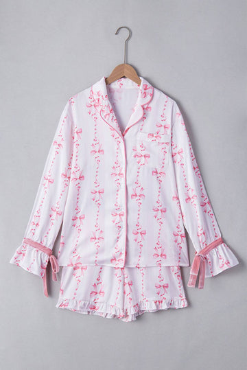 Pink Satin Bow Bell Sleeve Shirt and Ruffled Shorts Pyjama Set BB Fashion Outlet