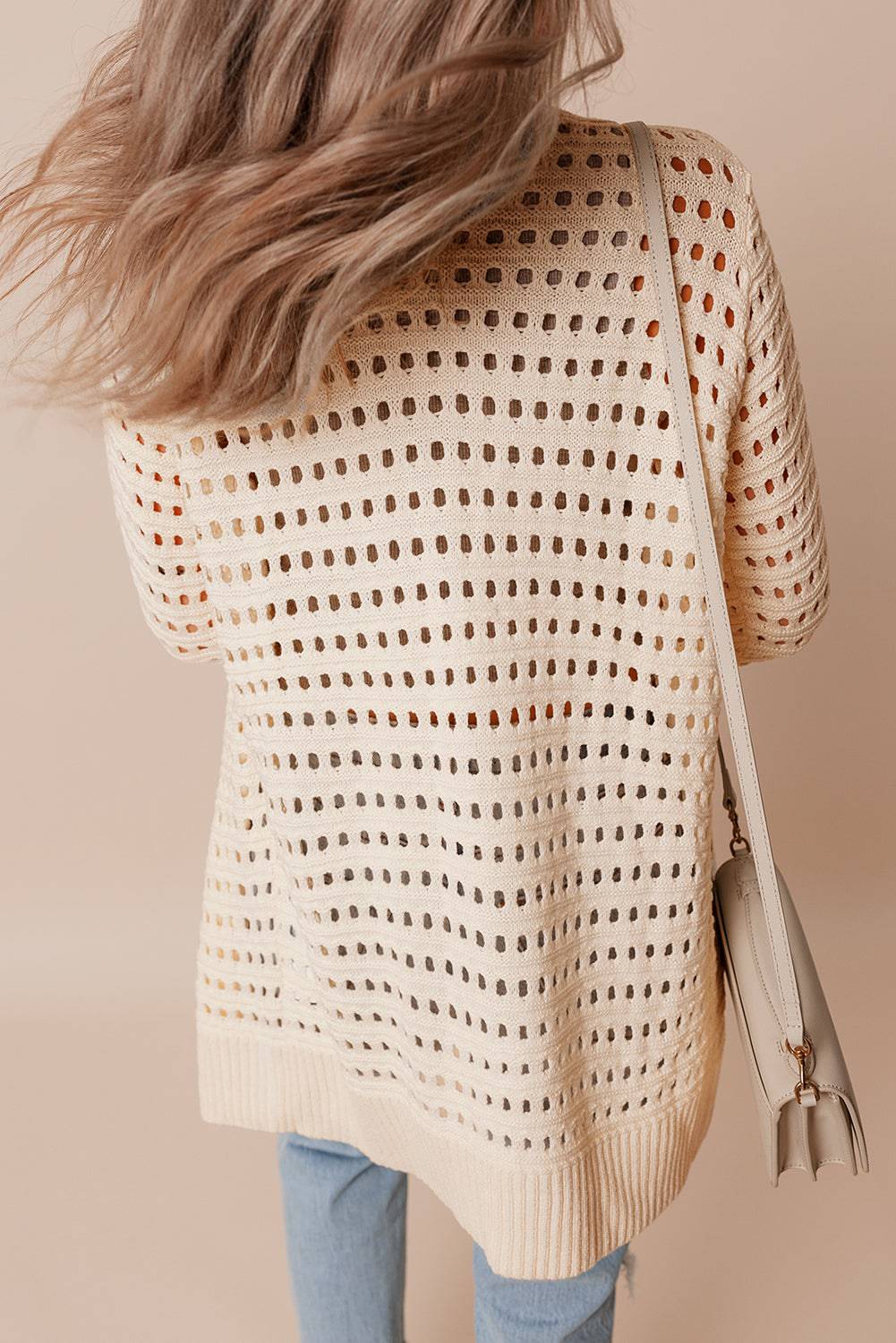 Apricot Solid Color Open Knit Duster Cardigan BB Fashion Outlet