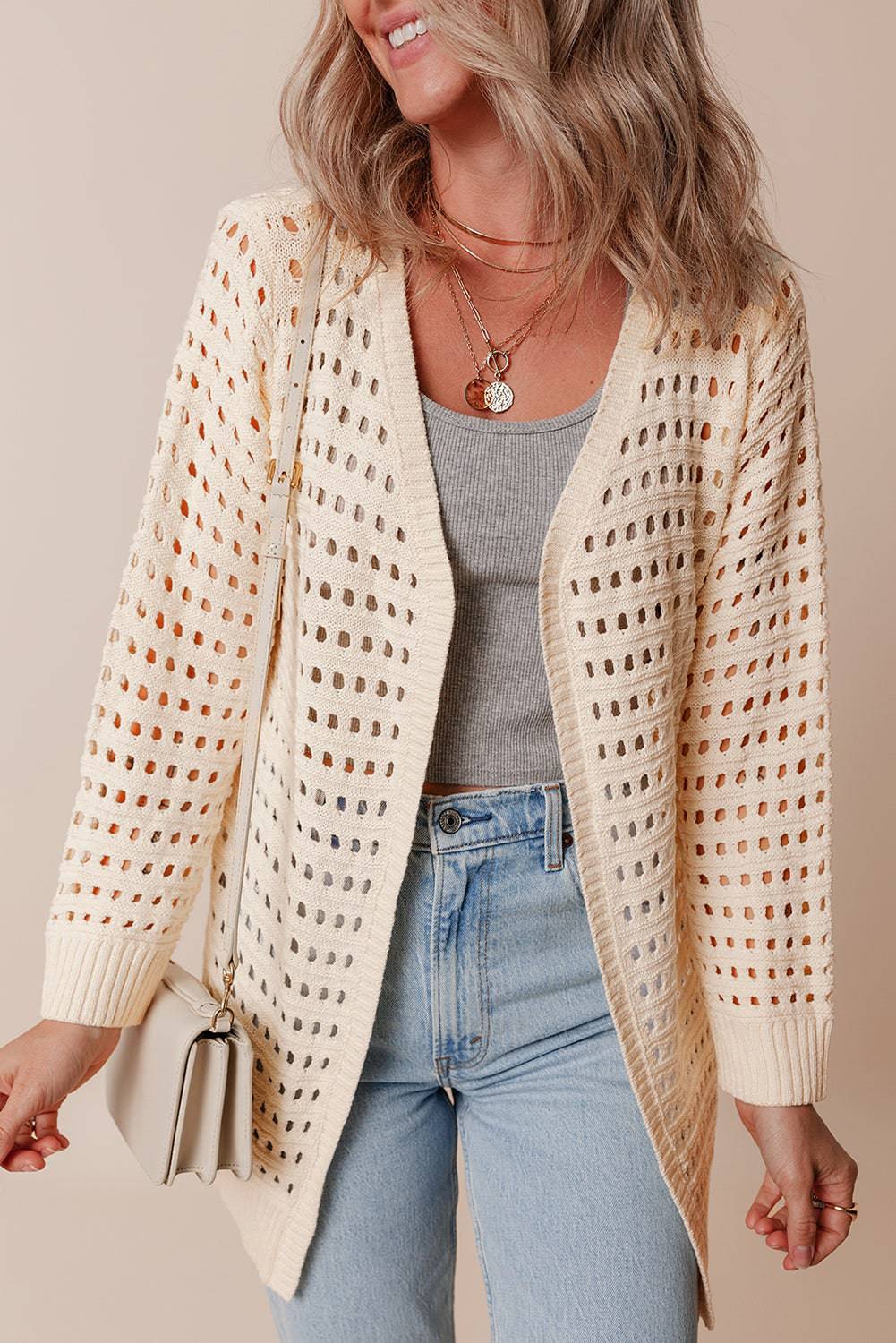Apricot Solid Color Open Knit Duster Cardigan BB Fashion Outlet