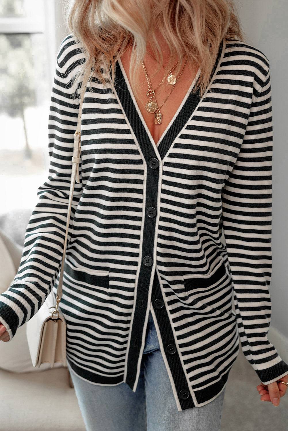 Black Stripe Long Sleeve Button up Tunic Cardigan BB Fashion Outlet