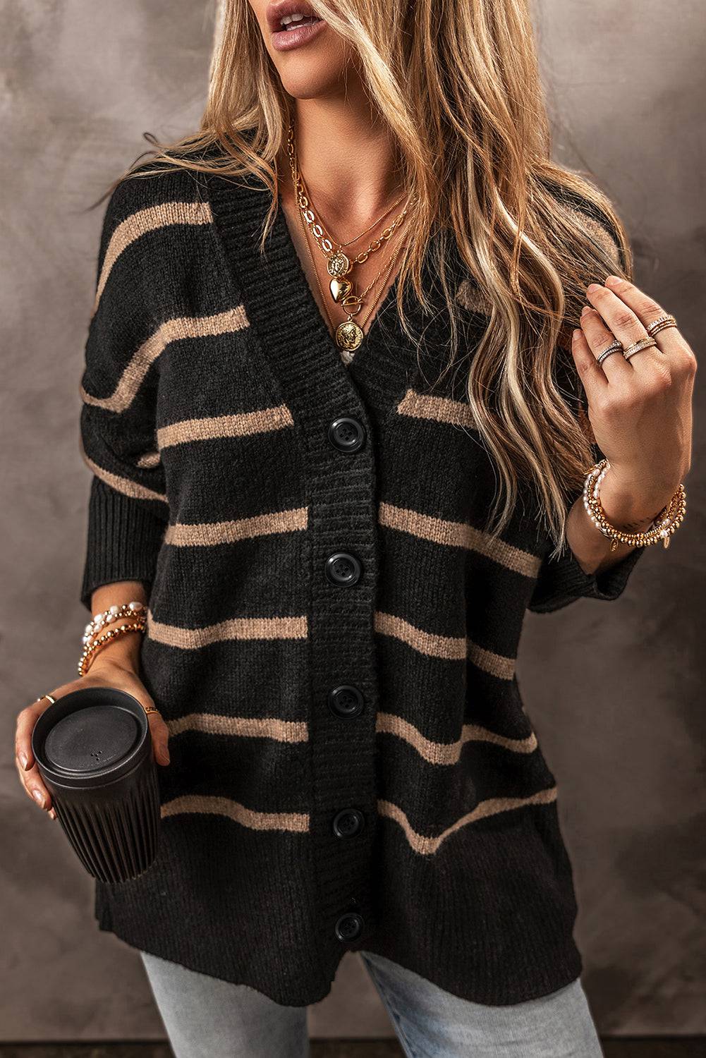 Black Stripe Buttoned V Neck Drop Shoulder Loose Cardigan eAura
