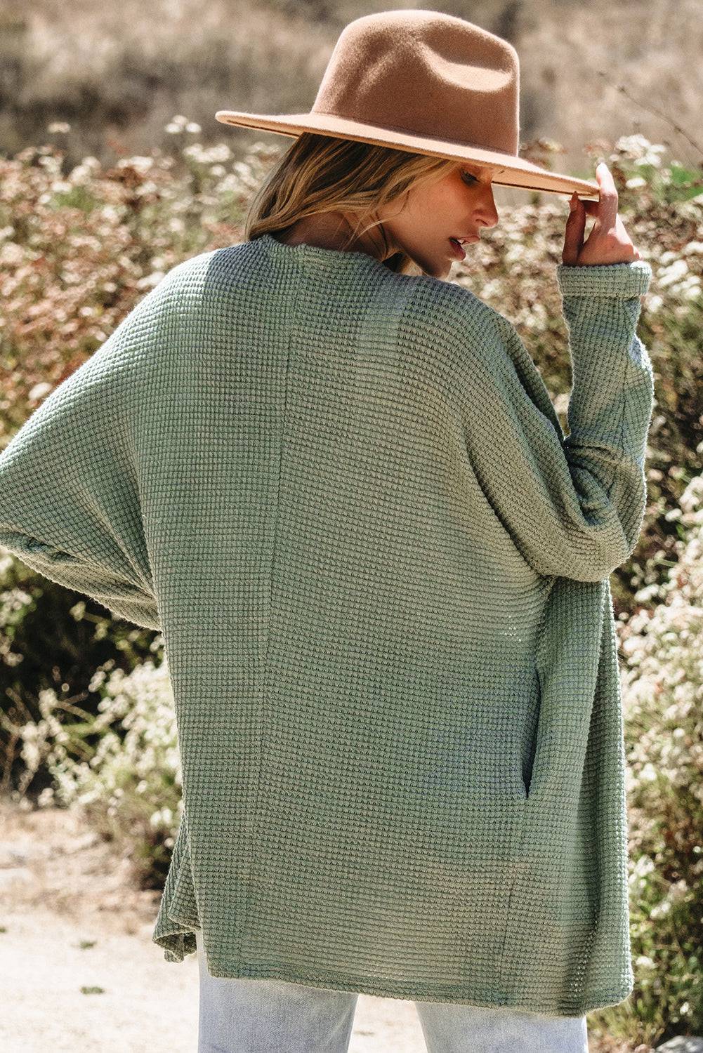 Laurel Green Waffle Knit Open Front Cardigan eAura
