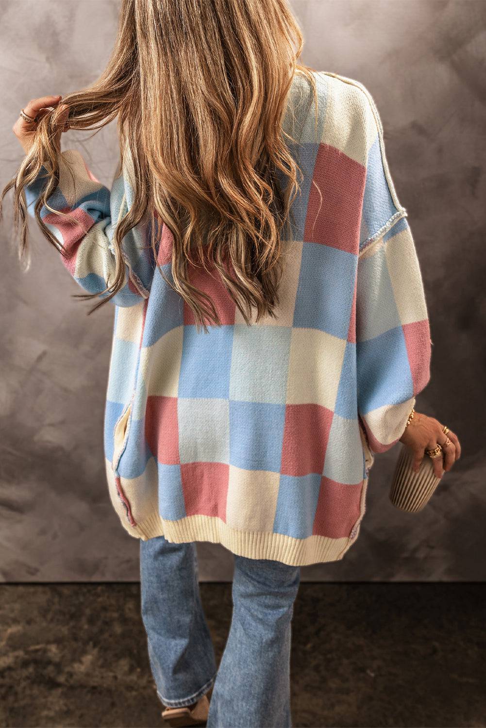 Light Blue Checkered Drop Shoulder Exposed Seam Open Front Cardigan BB Fashion Outlet