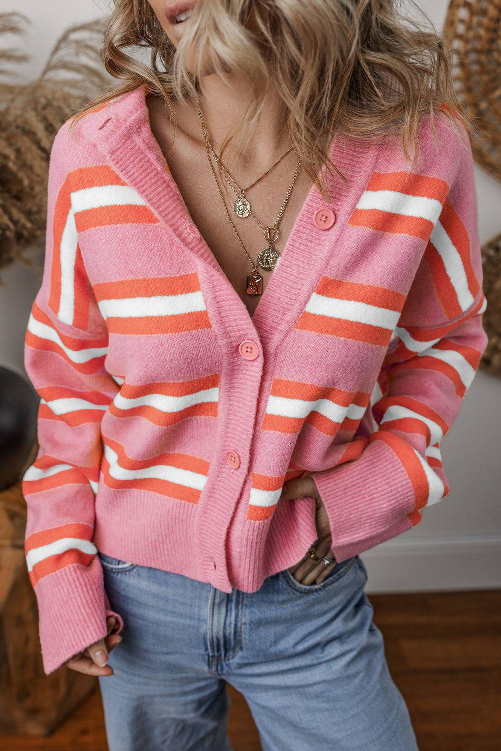 Pink Stripe Drop Shoulder Buttons Cardigan Sweater eAura