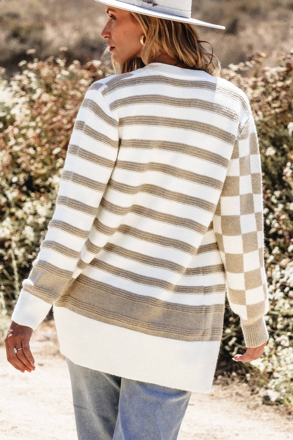 Smoke Grey Gingham Striped Knitted Open Front Cardigan eAura