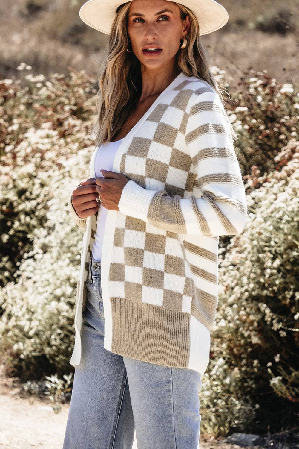 Smoke Grey Gingham Striped Knitted Open Front Cardigan eAura