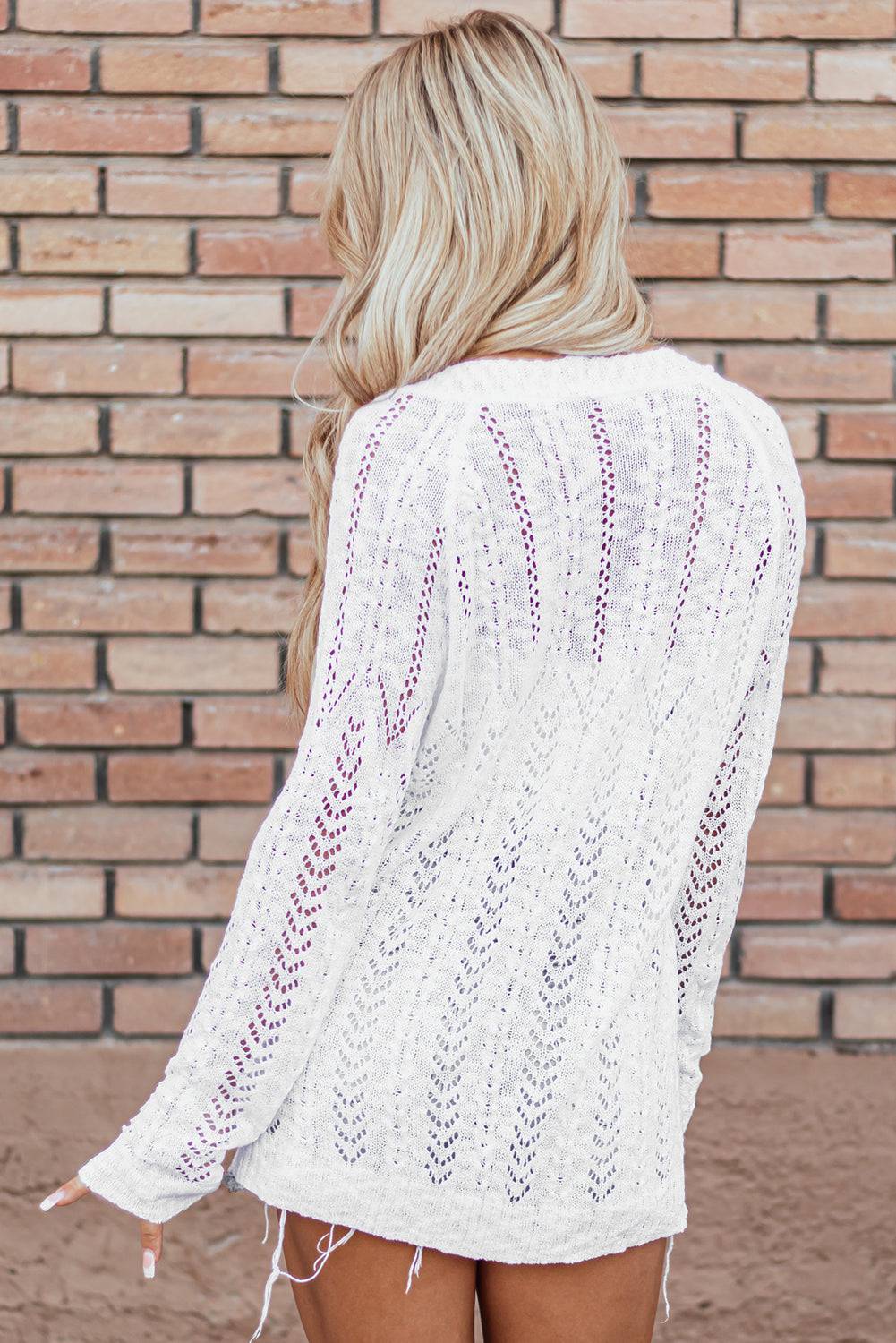 White Solid Open Knit Cardigan eAura