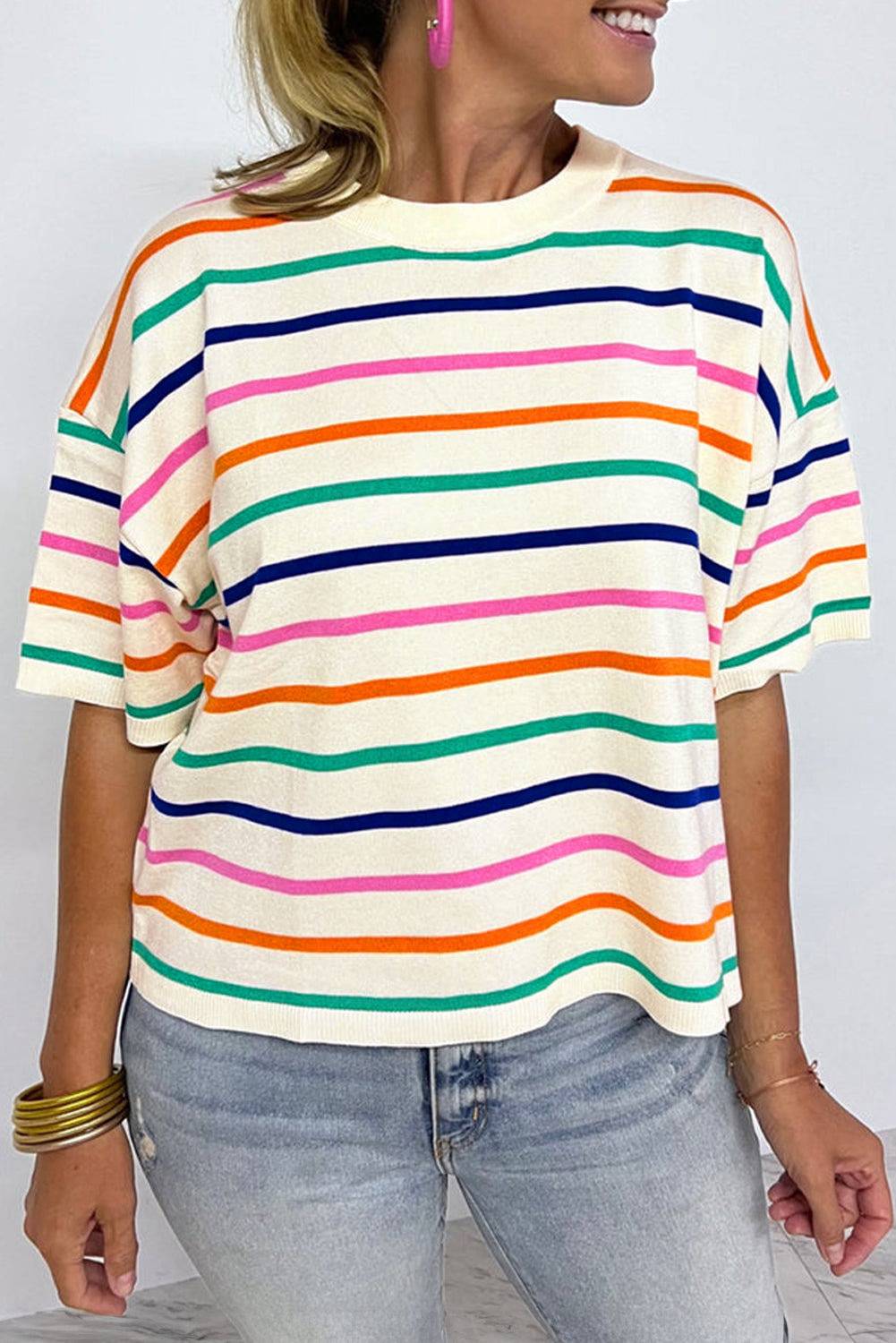 Beige Stripe Dropped Short Sleeve Boxy Fit Knitted Top eAura
