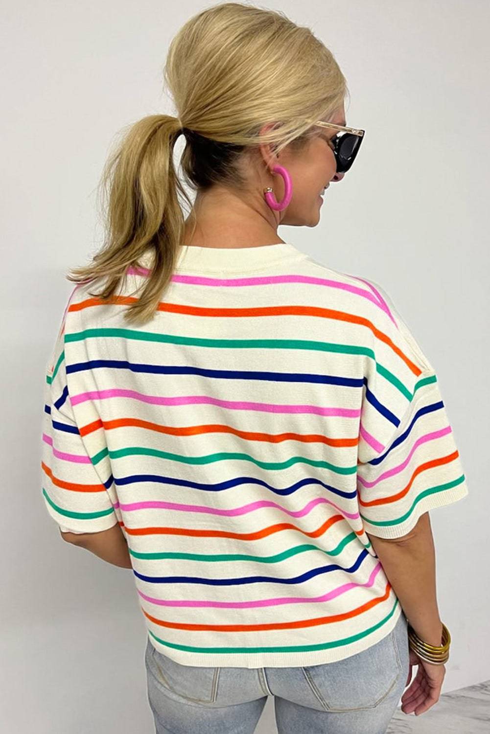 Beige Stripe Dropped Short Sleeve Boxy Fit Knitted Top eAura