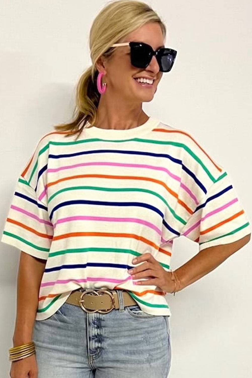 Beige Stripe Dropped Short Sleeve Boxy Fit Knitted Top eAura