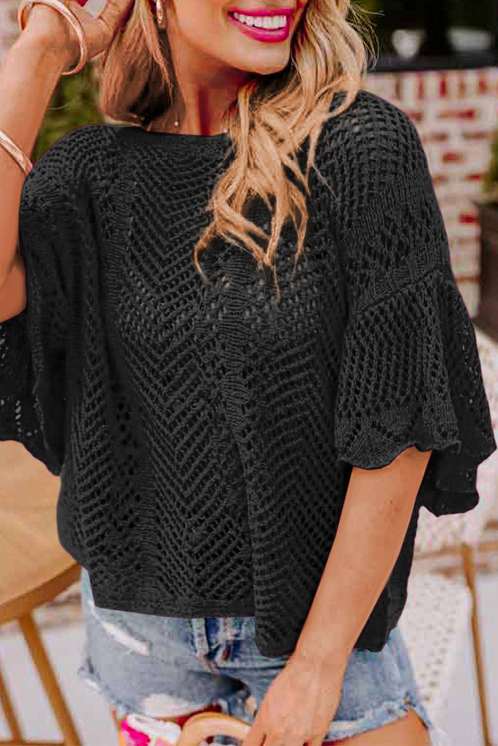 Black Pointelle Knit Scallop Edge Short Sleeve Top eAura