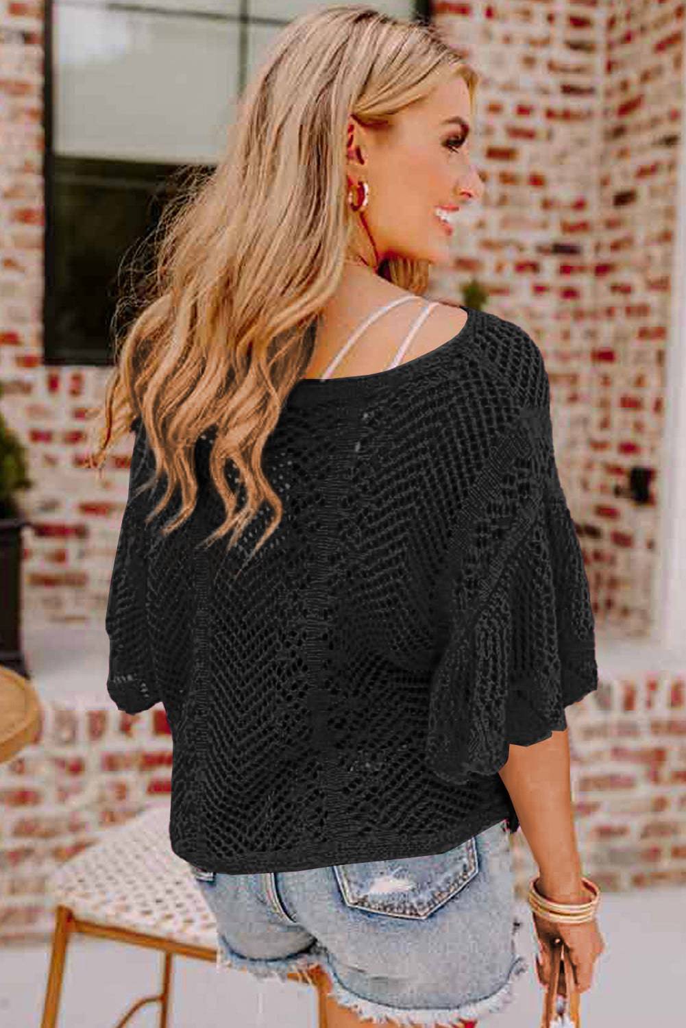 Black Pointelle Knit Scallop Edge Short Sleeve Top eAura