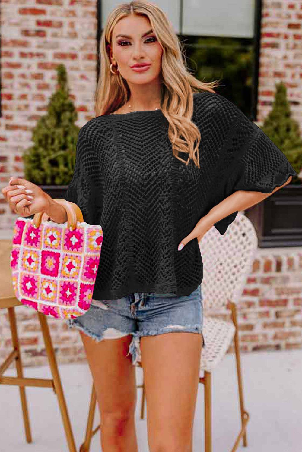 Black Pointelle Knit Scallop Edge Short Sleeve Top eAura