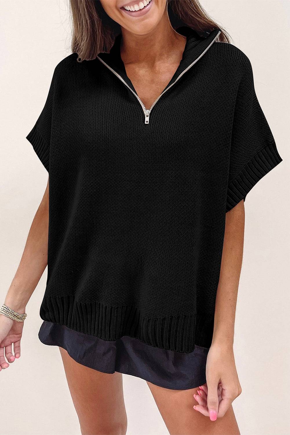Black Quarter Zip Short Batwing Sleeve Sweater eAura