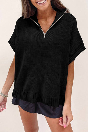 Black Quarter Zip Short Batwing Sleeve Sweater eAura