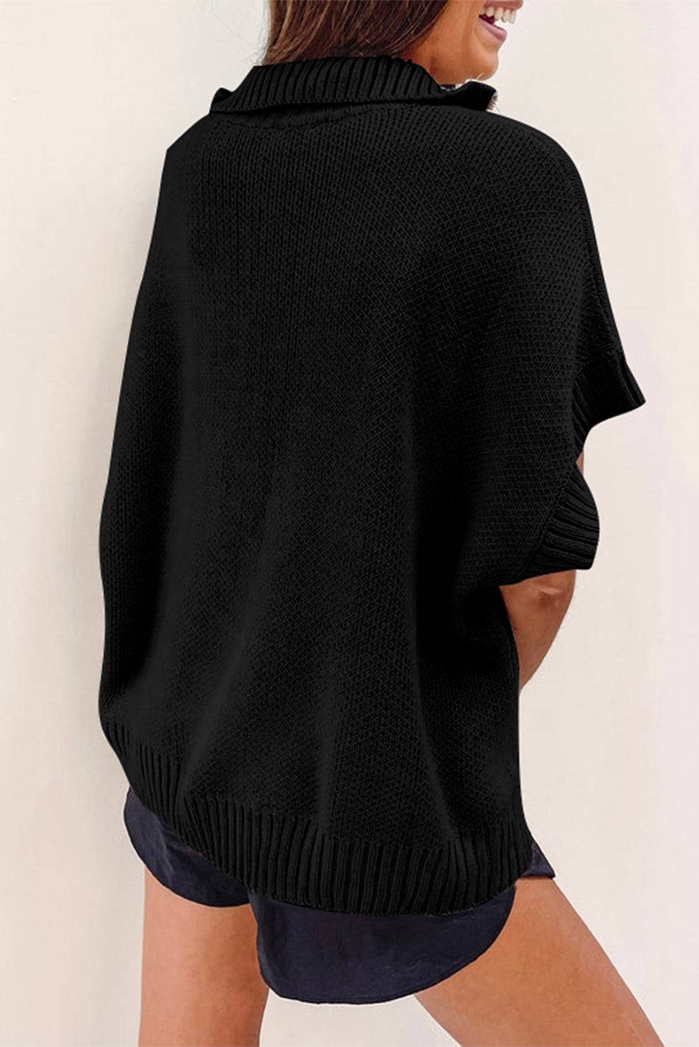Black Quarter Zip Short Batwing Sleeve Sweater eAura