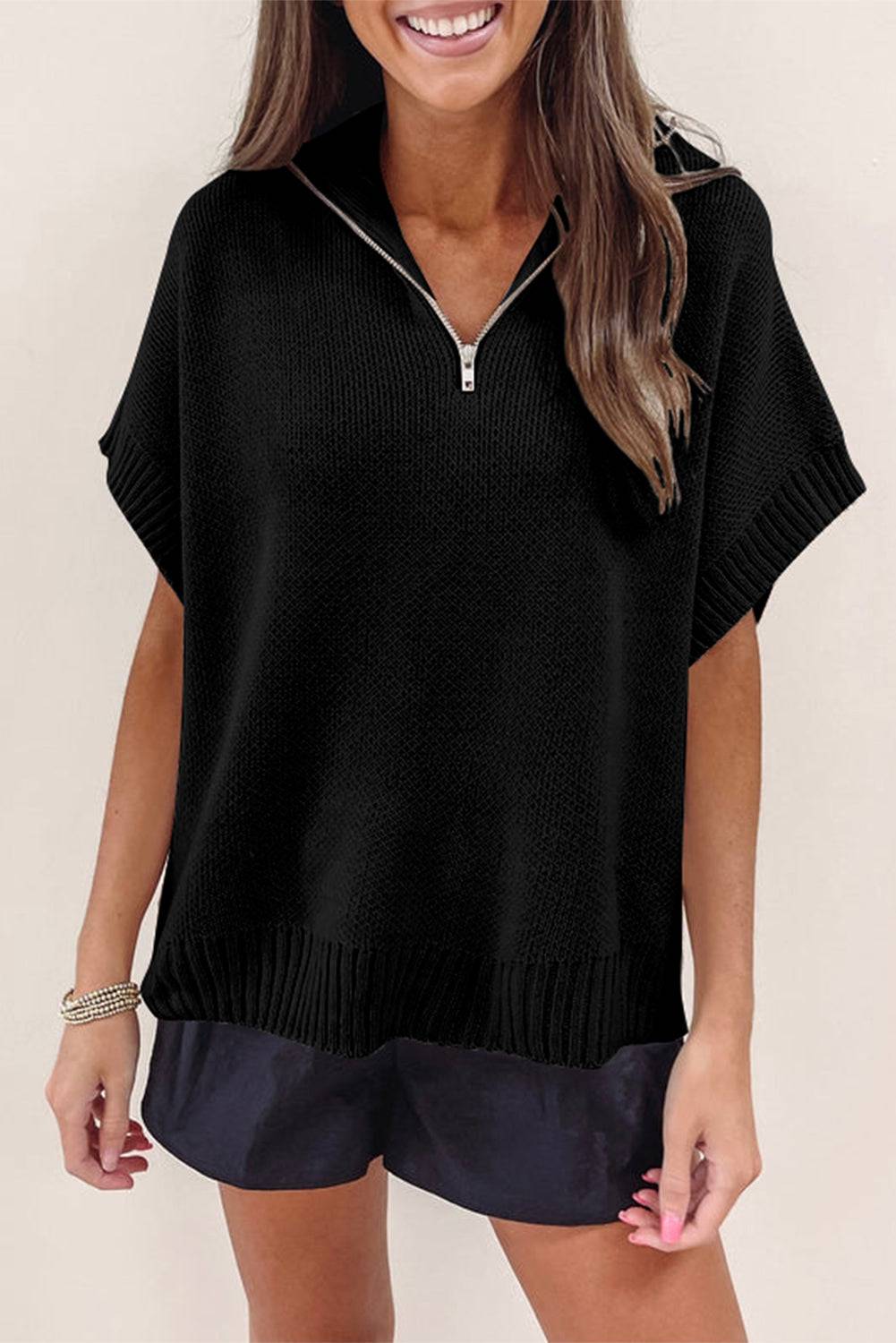 Black Quarter Zip Short Batwing Sleeve Sweater eAura