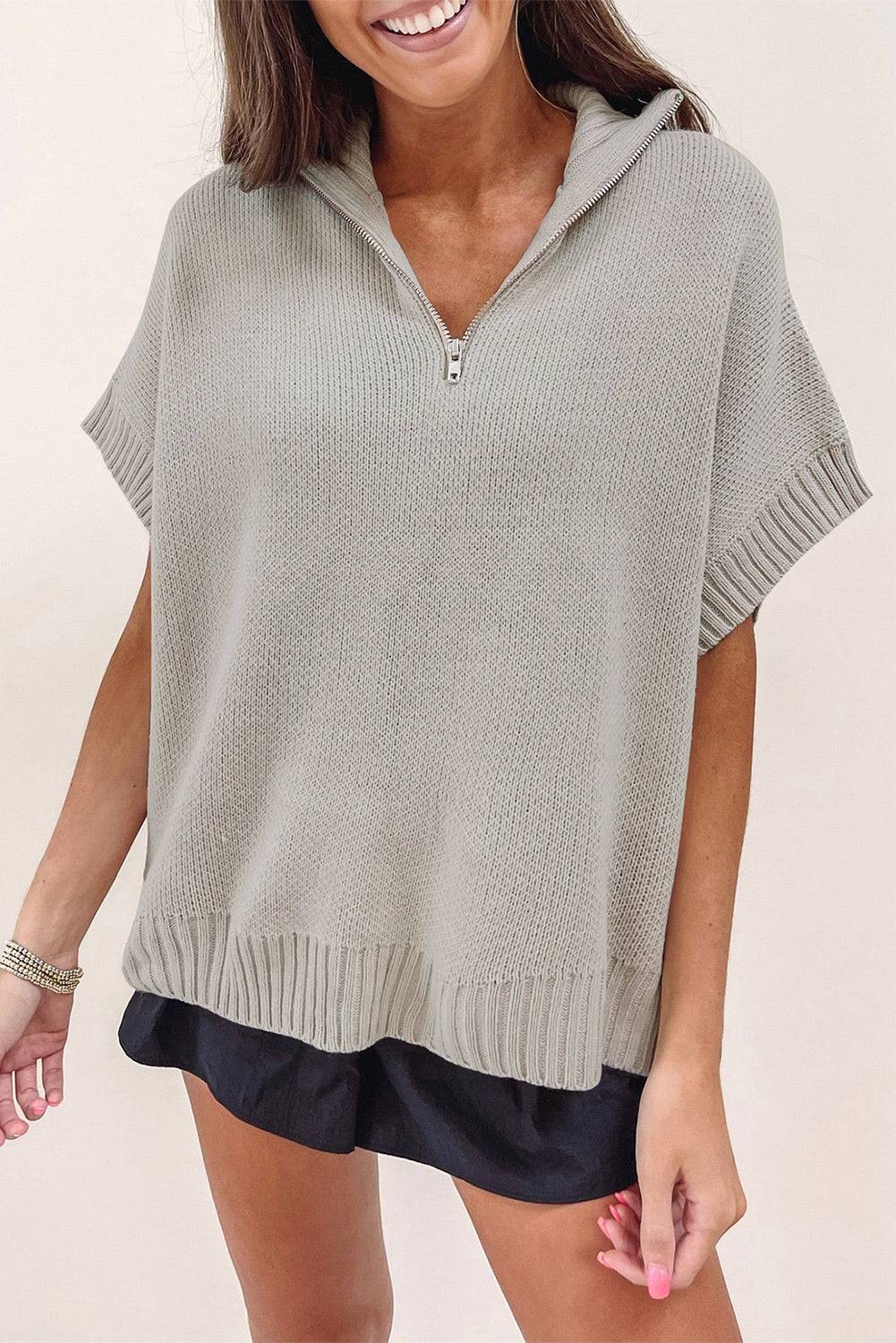Black Quarter Zip Short Batwing Sleeve Sweater eAura