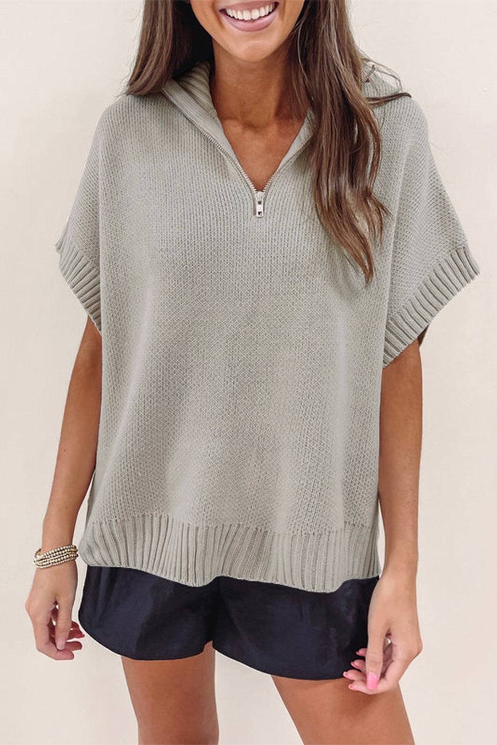 Black Quarter Zip Short Batwing Sleeve Sweater eAura