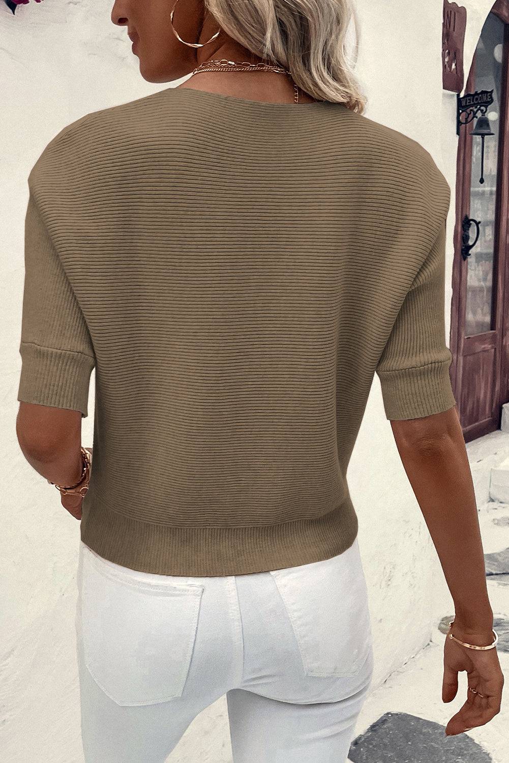 Coffee Round Neck Half Sleeve Ribbed Knit Top eAura