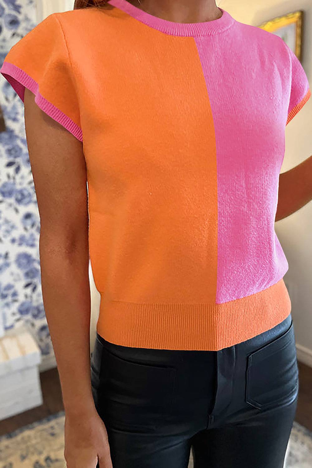Flamingo 2-tone Colour Block Knit Cap Sleeve Sweater Top eAura