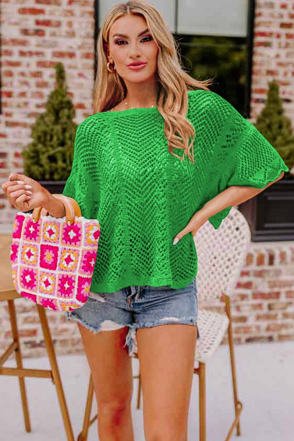 Green Pointelle Knit Scallop Edge Short Sleeve Top eAura