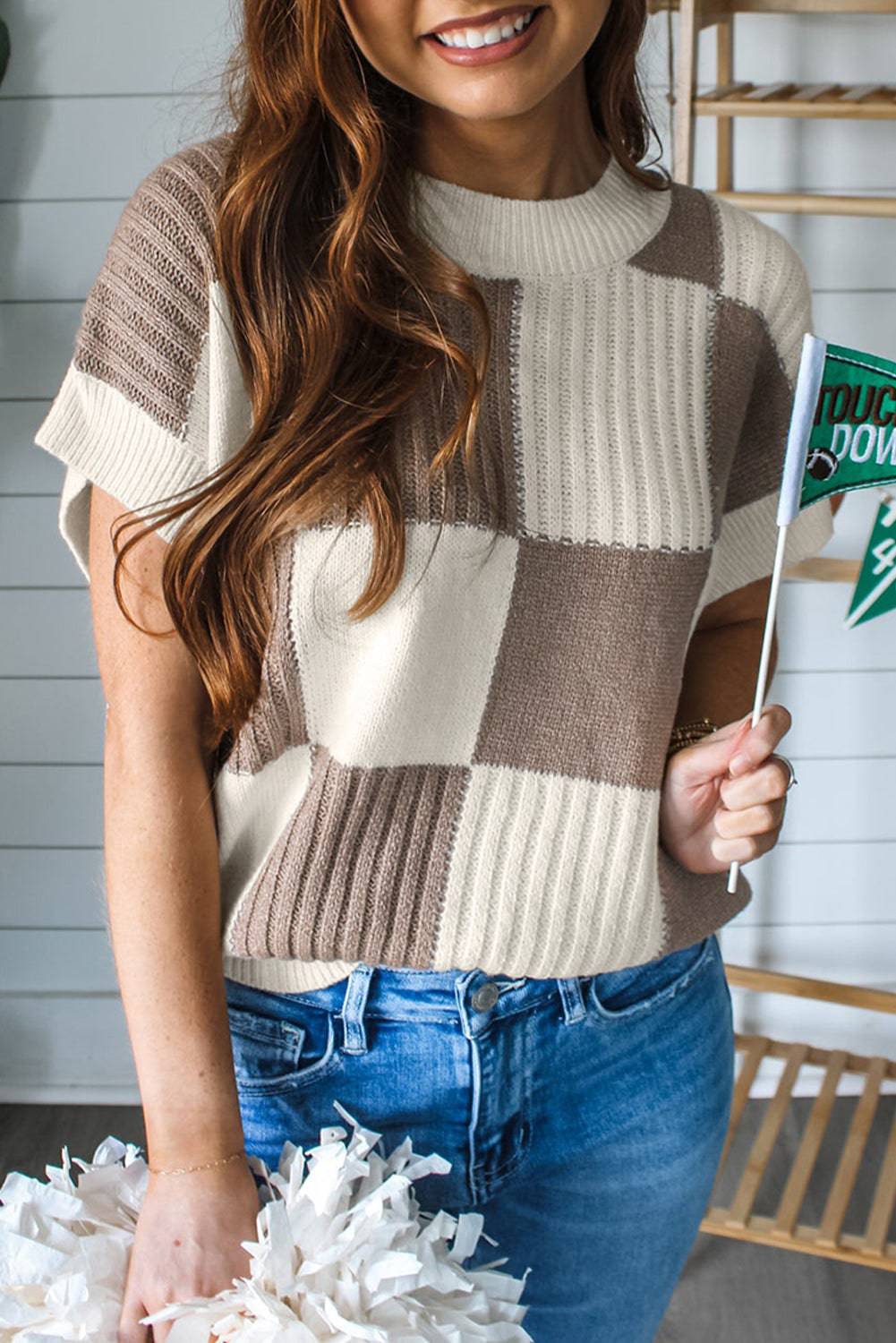 Khaki Checkered Colour Block Crew Neck Short Sleeve Sweater eAura