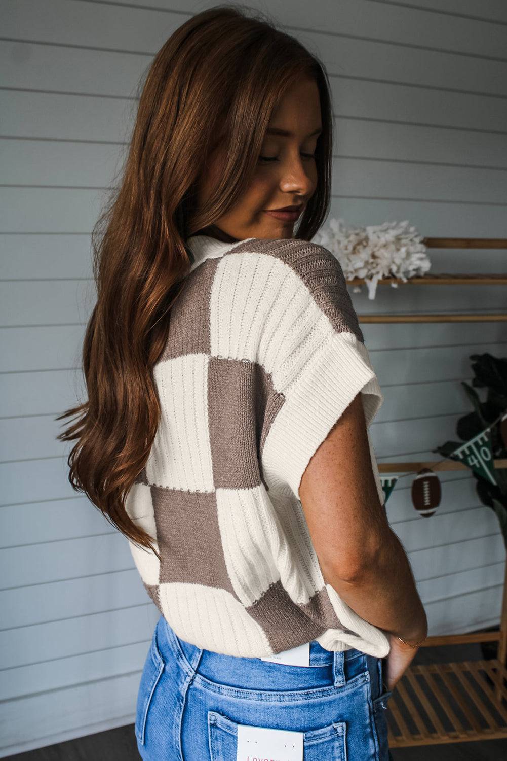 Khaki Checkered Colour Block Crew Neck Short Sleeve Sweater eAura