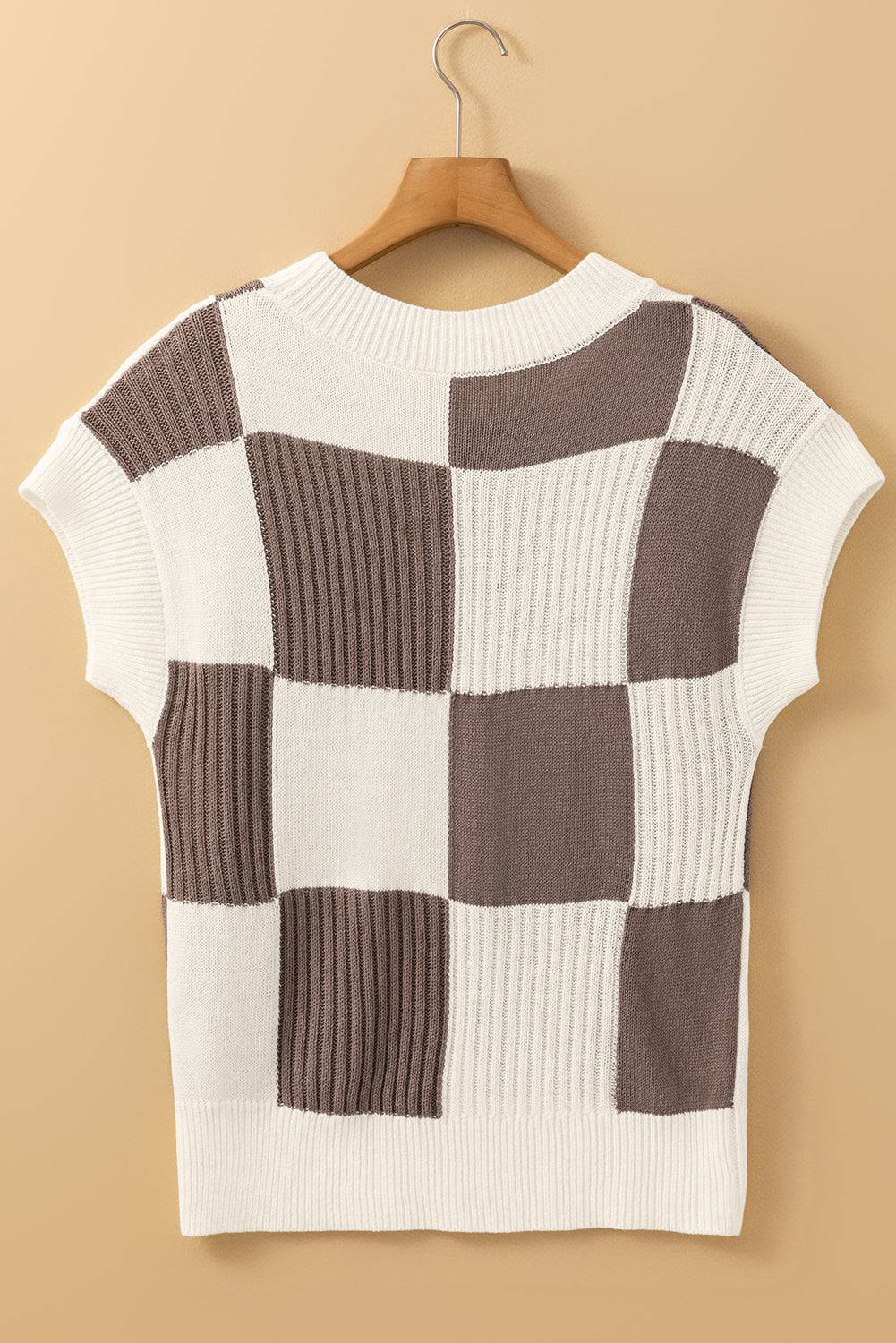 Khaki Checkered Colour Block Crew Neck Short Sleeve Sweater eAura