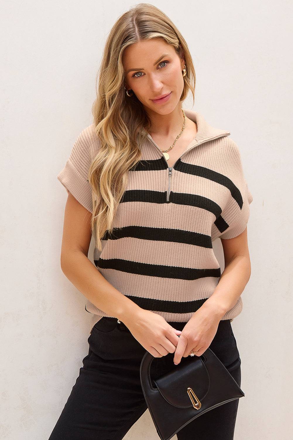 Khaki Stripe Zipped Collar Short Sleeve Sweater eAura