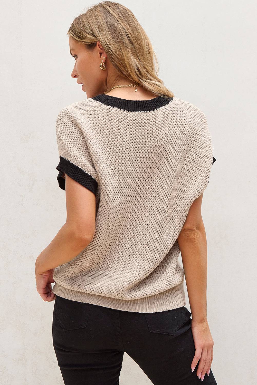 Light French Beige Contrast Trim Round Neck Batwing Sleeve Sweater Top eAura