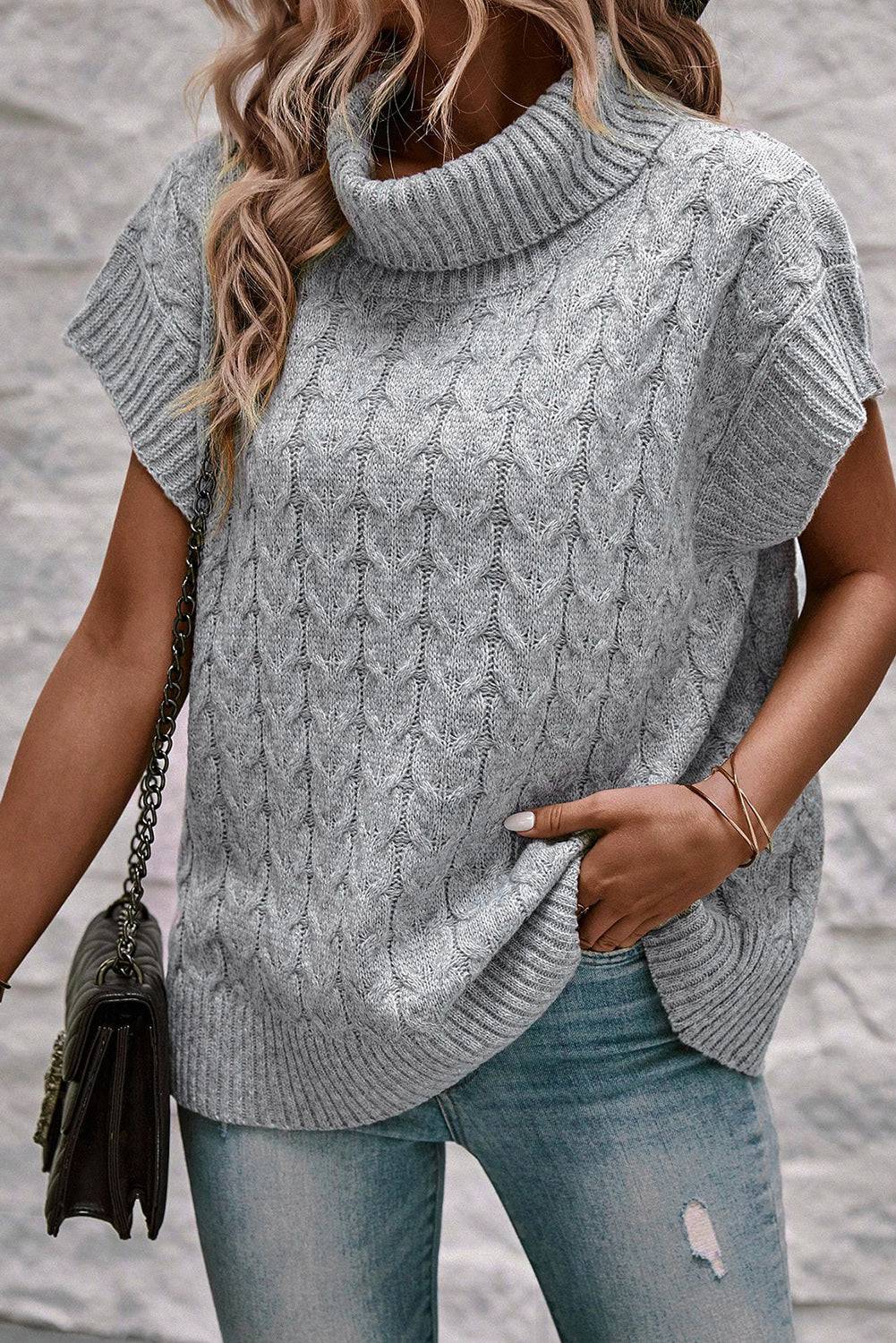 Medium Grey Cable Knit Turtleneck Batwing Sleeve Sweater eAura