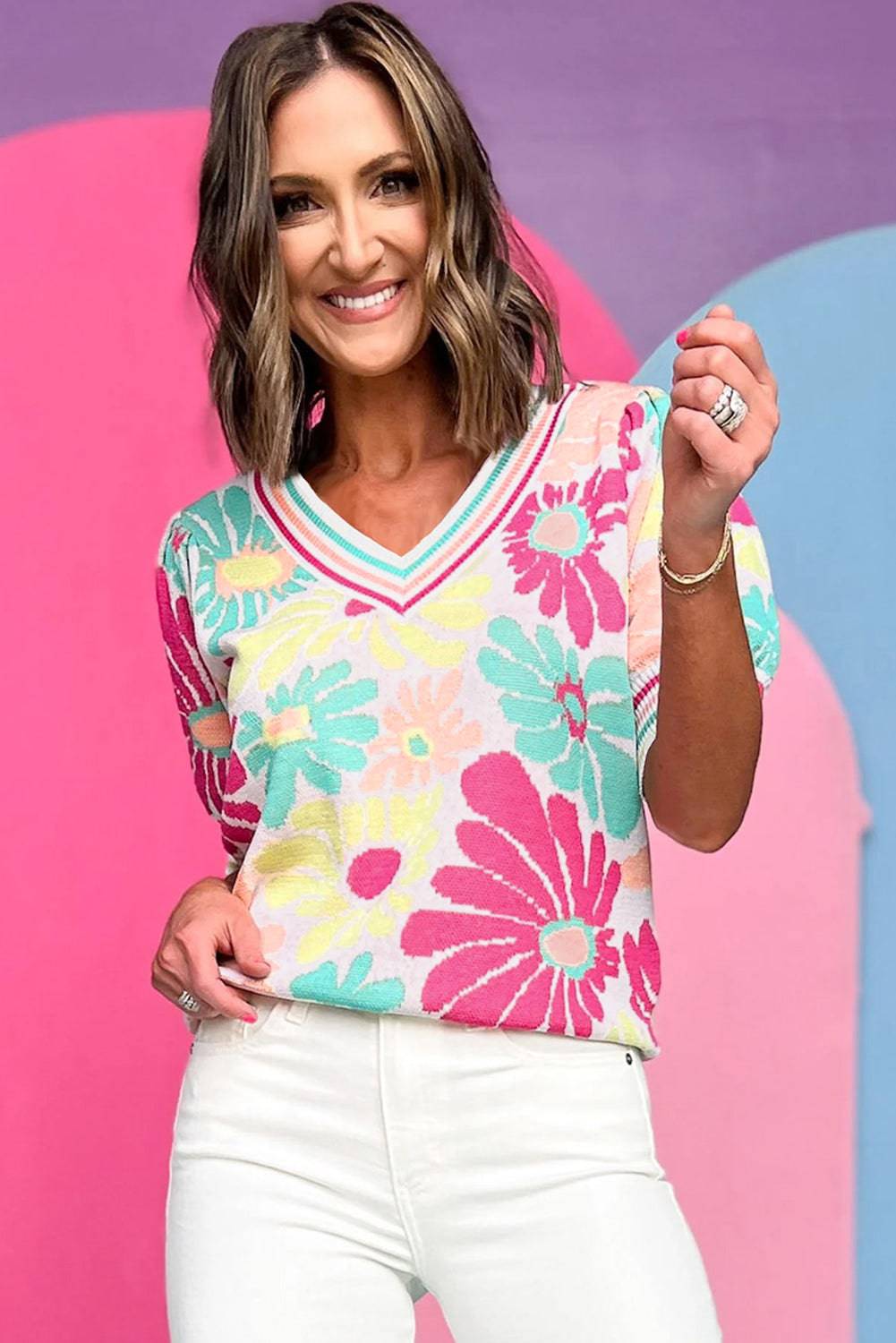 Multicolour Floral Print V Neck Short Sleeve Sweater eAura