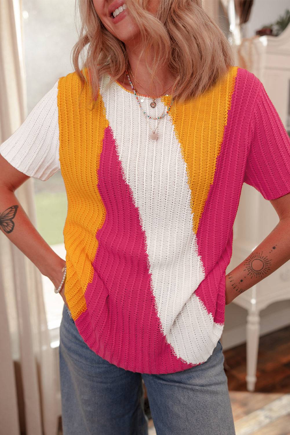 Orange Textured Knit Colourblock Short Sleeve Sweater eAura