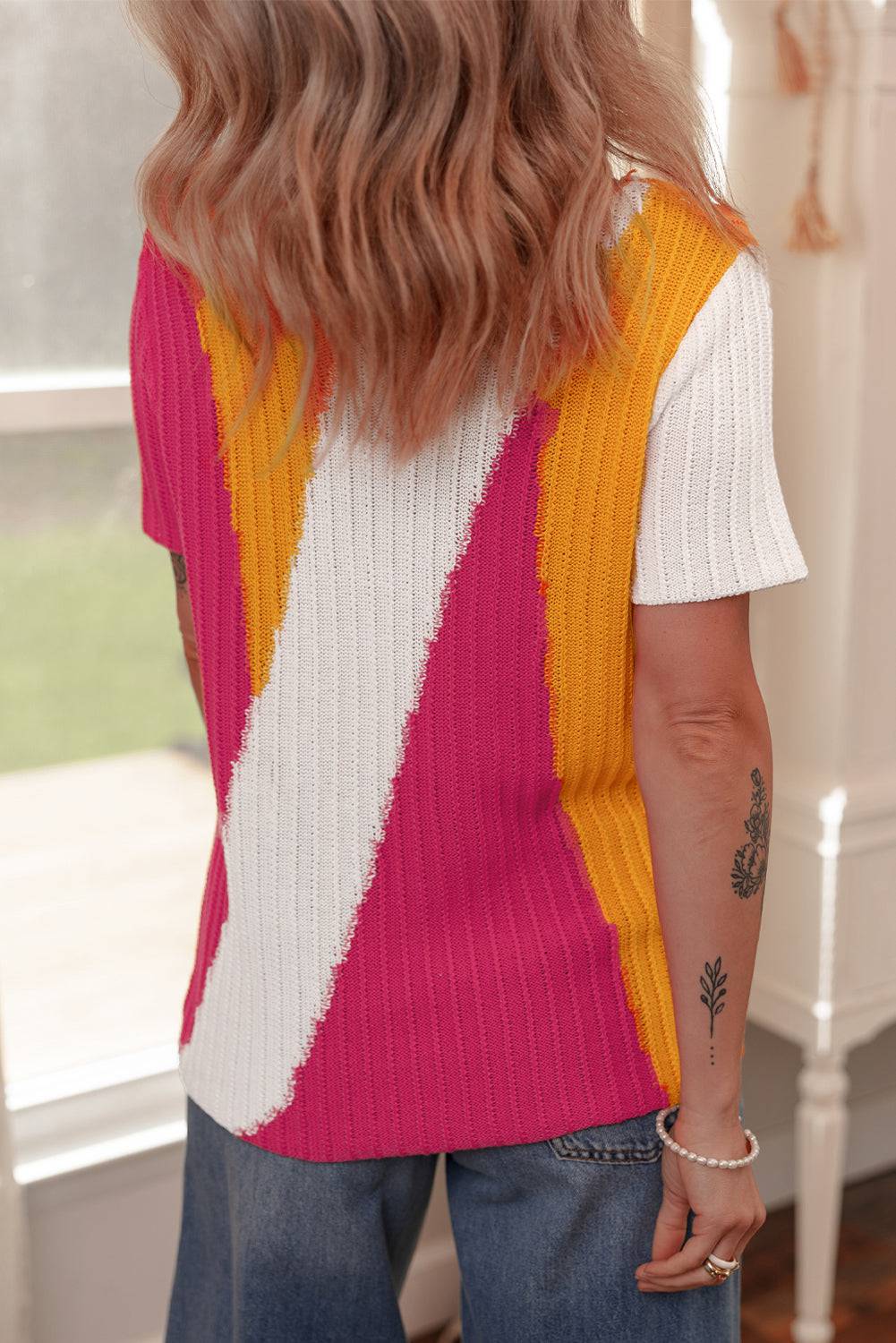 Orange Textured Knit Colourblock Short Sleeve Sweater eAura
