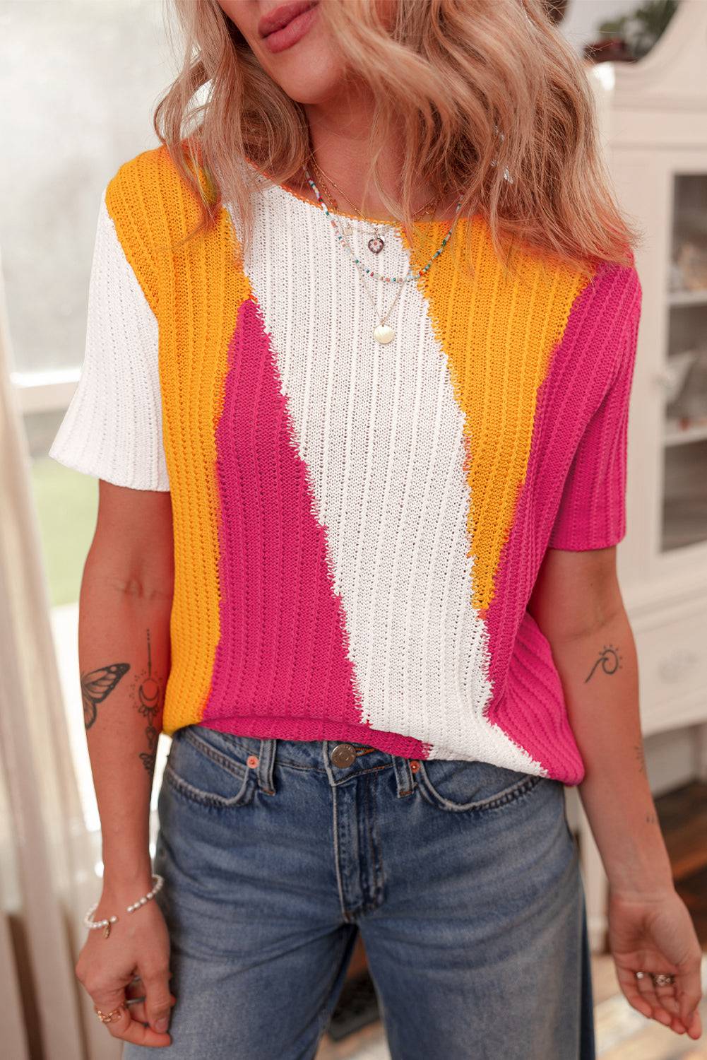 Orange Textured Knit Colourblock Short Sleeve Sweater eAura