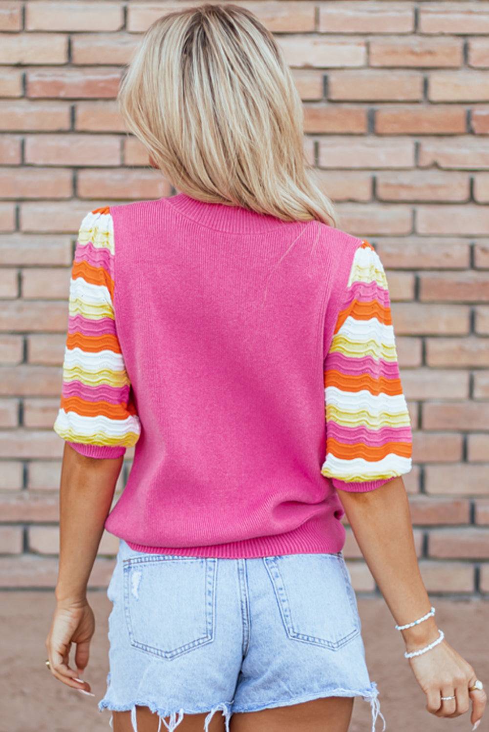 Pink Ribbed Knit Contrast Sleeve Sweater Top eAura