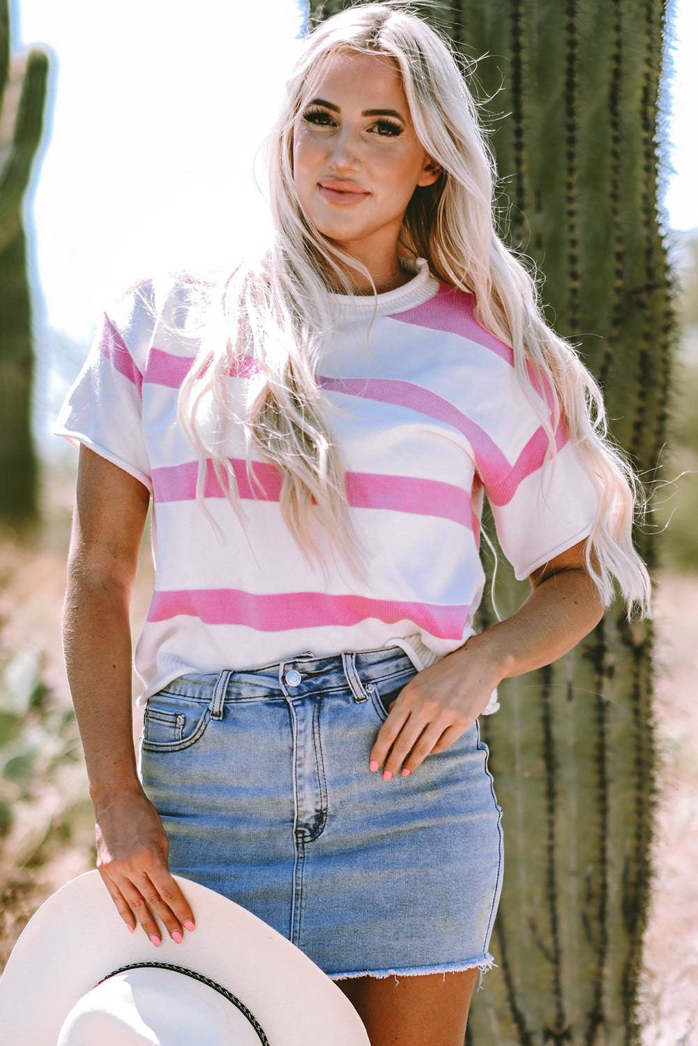 Pink Stripe Dropped Short Sleeve Lightweight Knitted Top eAura