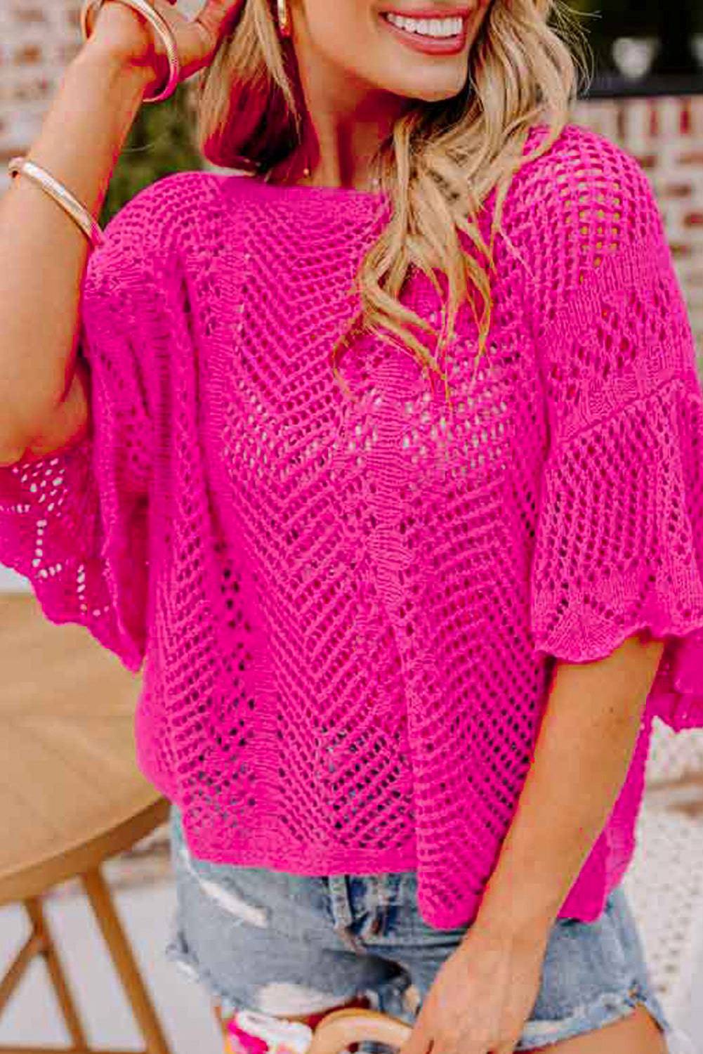 Rose Red Pointelle Knit Scallop Edge Short Sleeve Top eAura