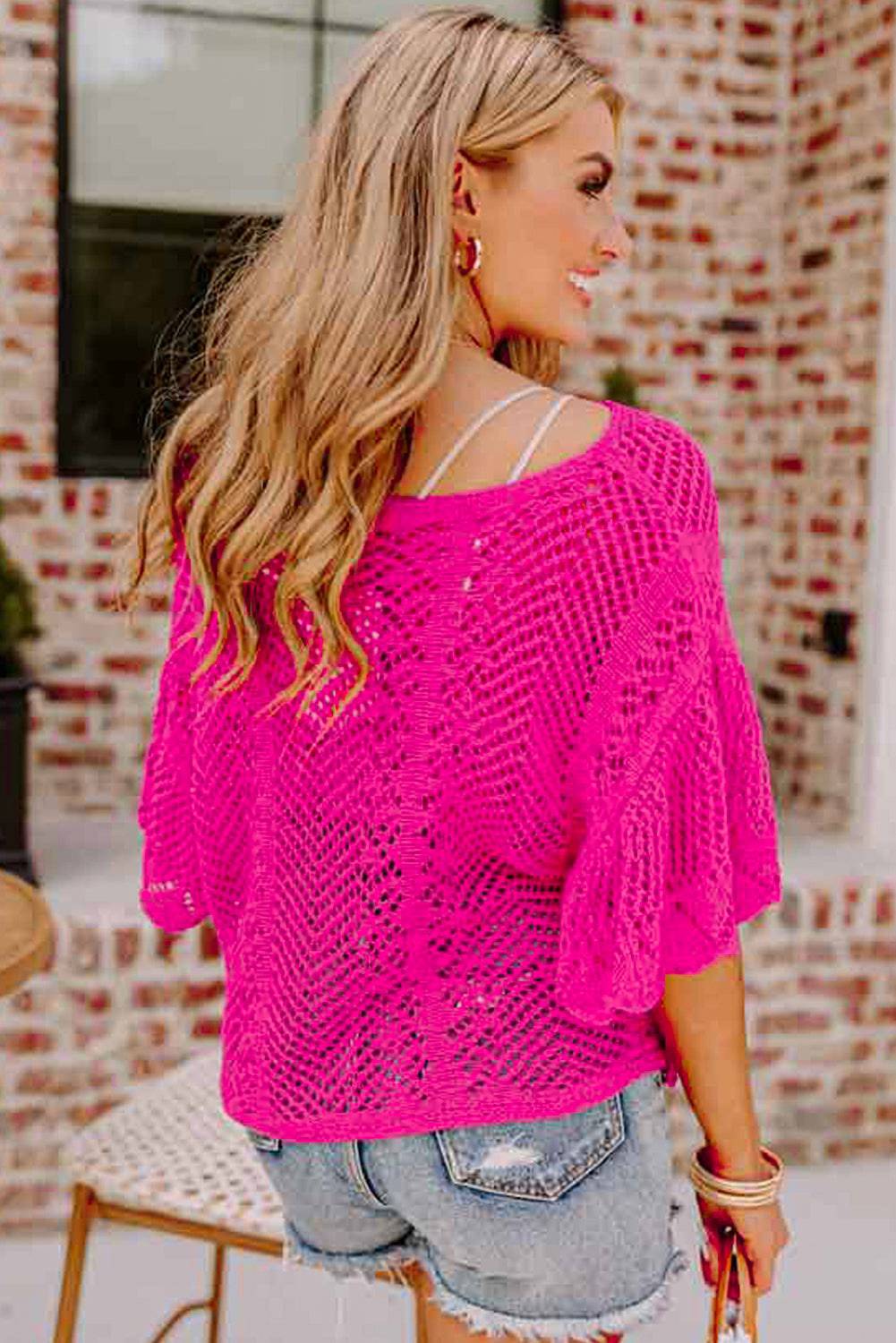 Rose Red Pointelle Knit Scallop Edge Short Sleeve Top eAura