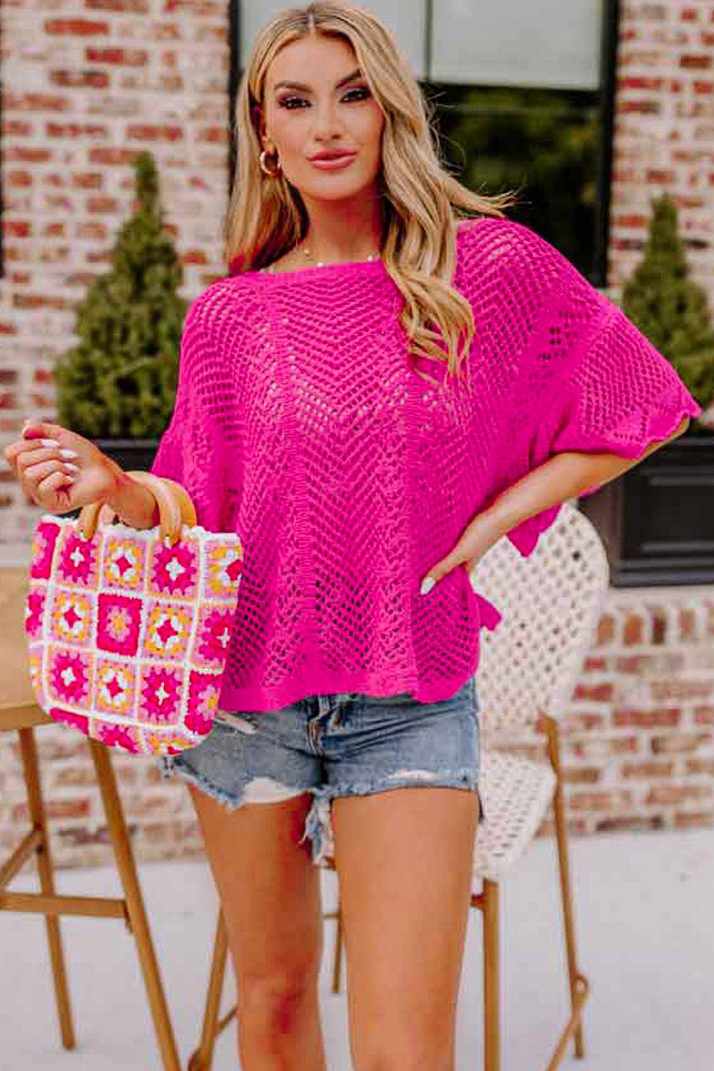 Rose Red Pointelle Knit Scallop Edge Short Sleeve Top eAura