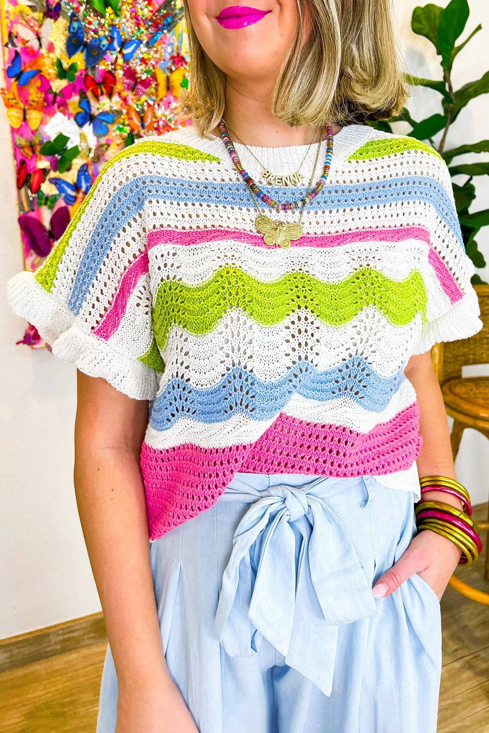 White Colourblock Crochet Knit Ruffled Short Sleeve Sweater Top eAura