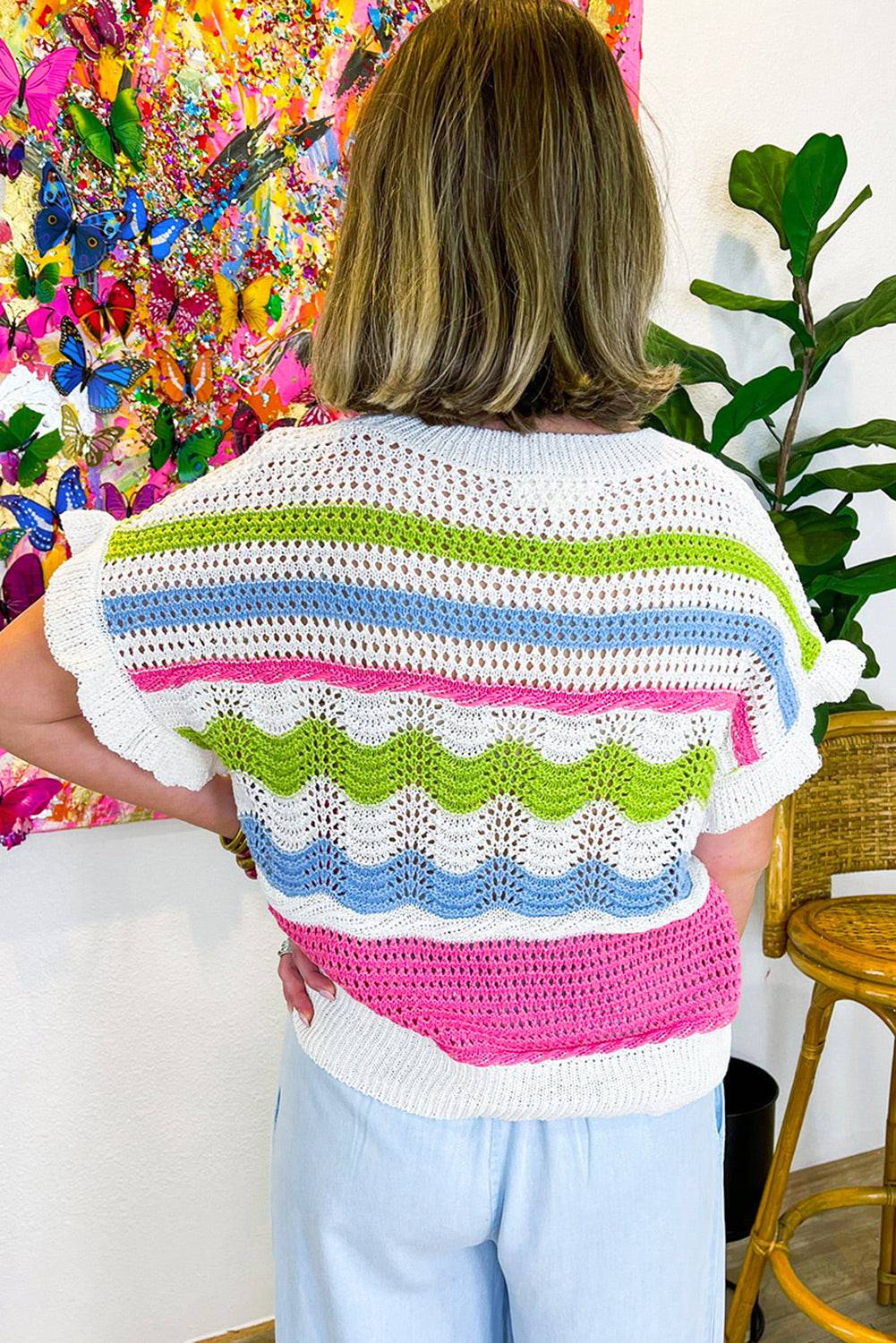 White Colourblock Crochet Knit Ruffled Short Sleeve Sweater Top eAura