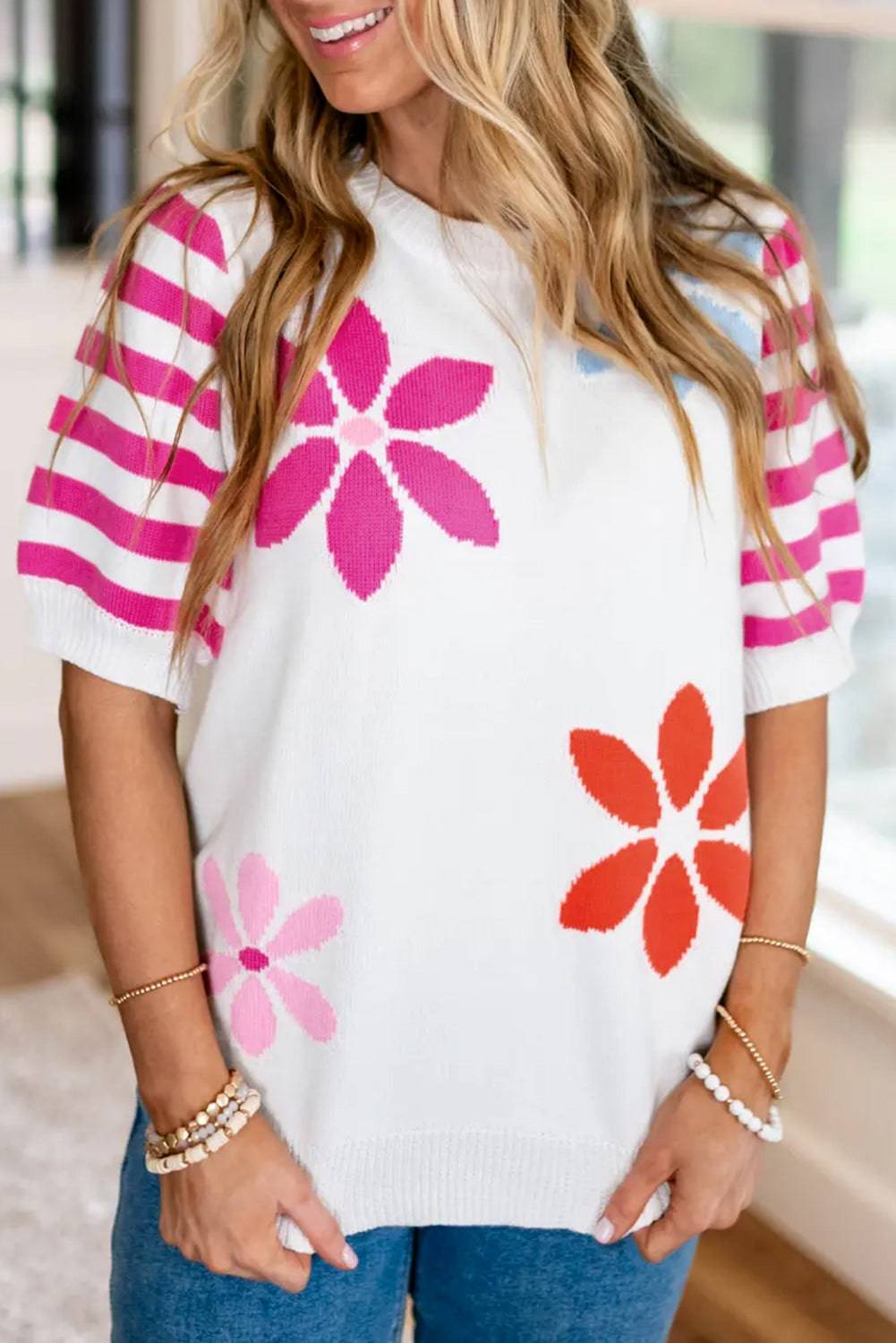 White Floral Pattern Striped Sleeve Sweater T Shirt eAura