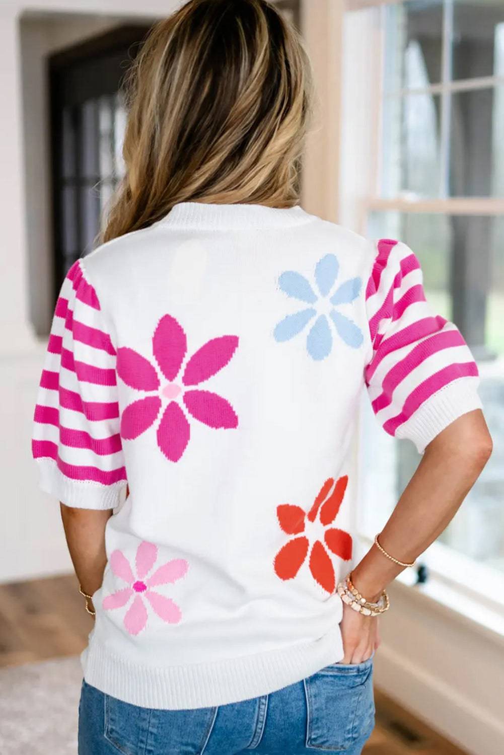 White Floral Pattern Striped Sleeve Sweater T Shirt eAura