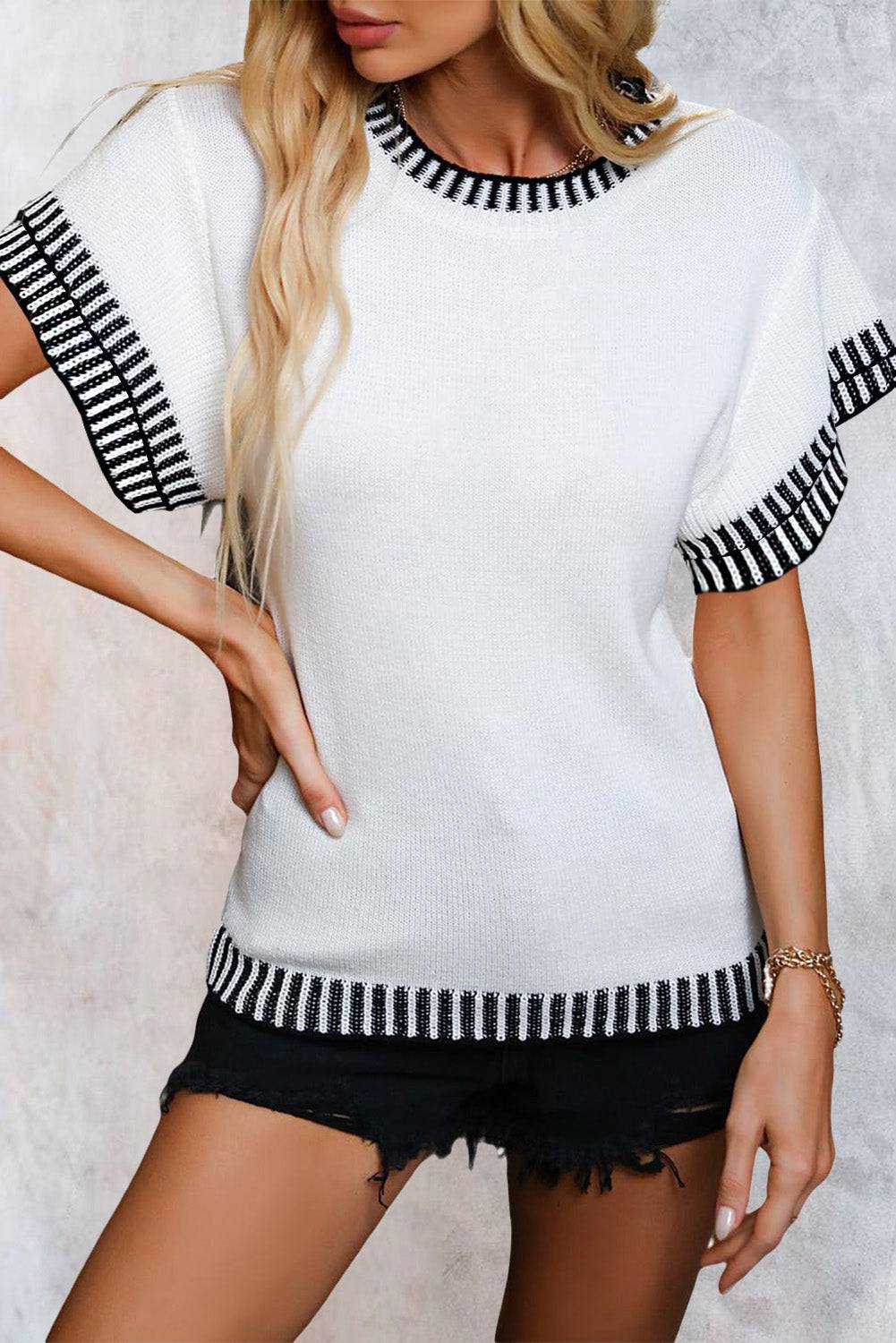 White Contrast Trim Round Neck Batwing Sleeve Knitted Top eAura