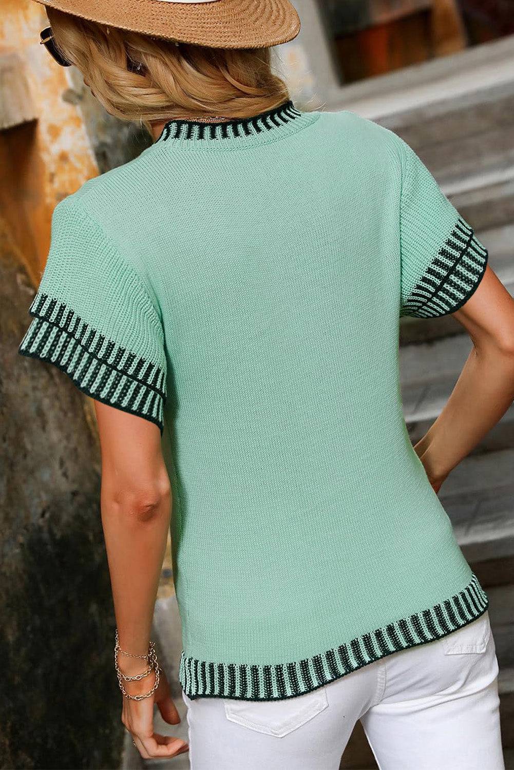 White Contrast Trim Round Neck Batwing Sleeve Knitted Top eAura