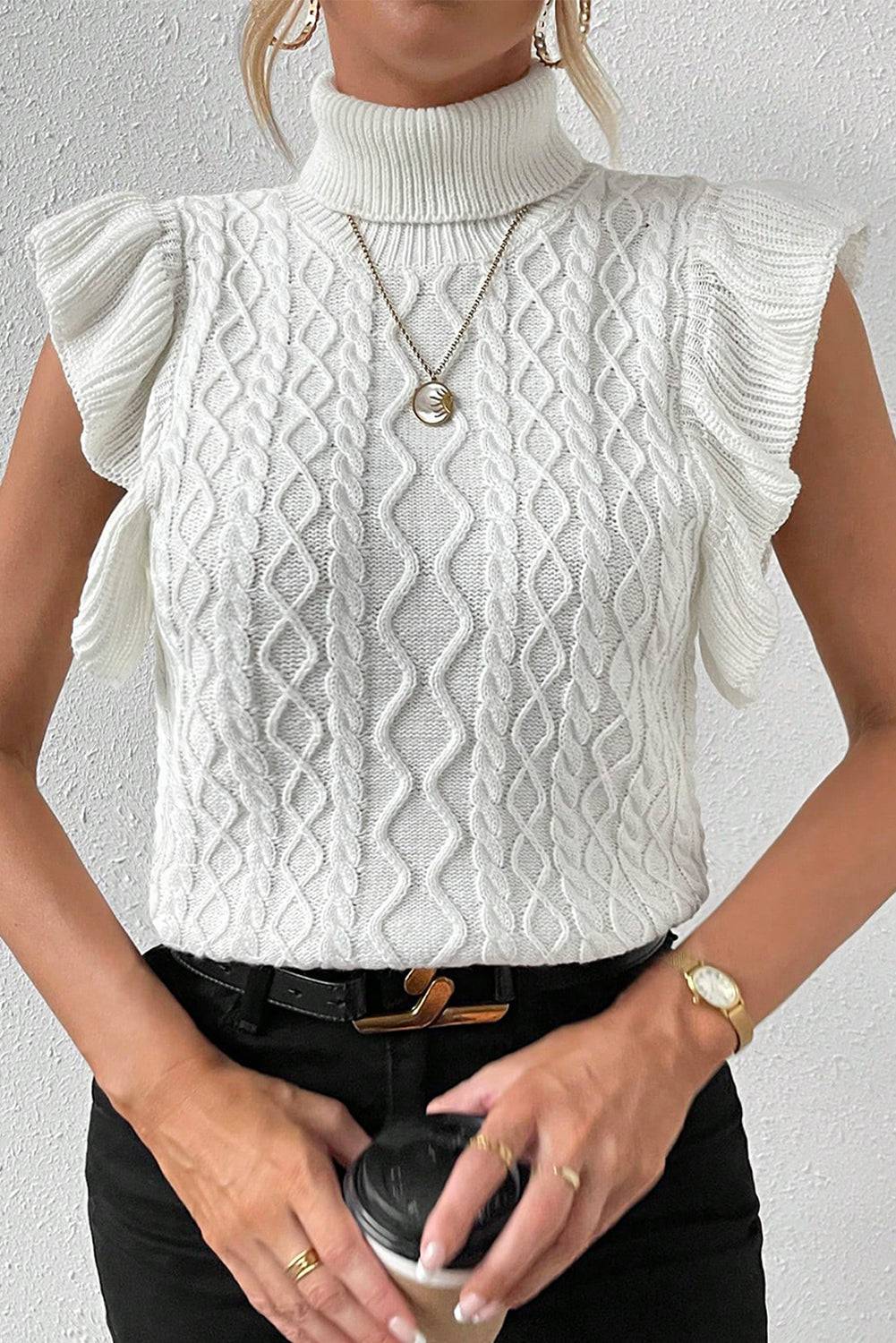 White Turtle Neck Short Sleeve Cable Knit Ruffled Sweater eAura
