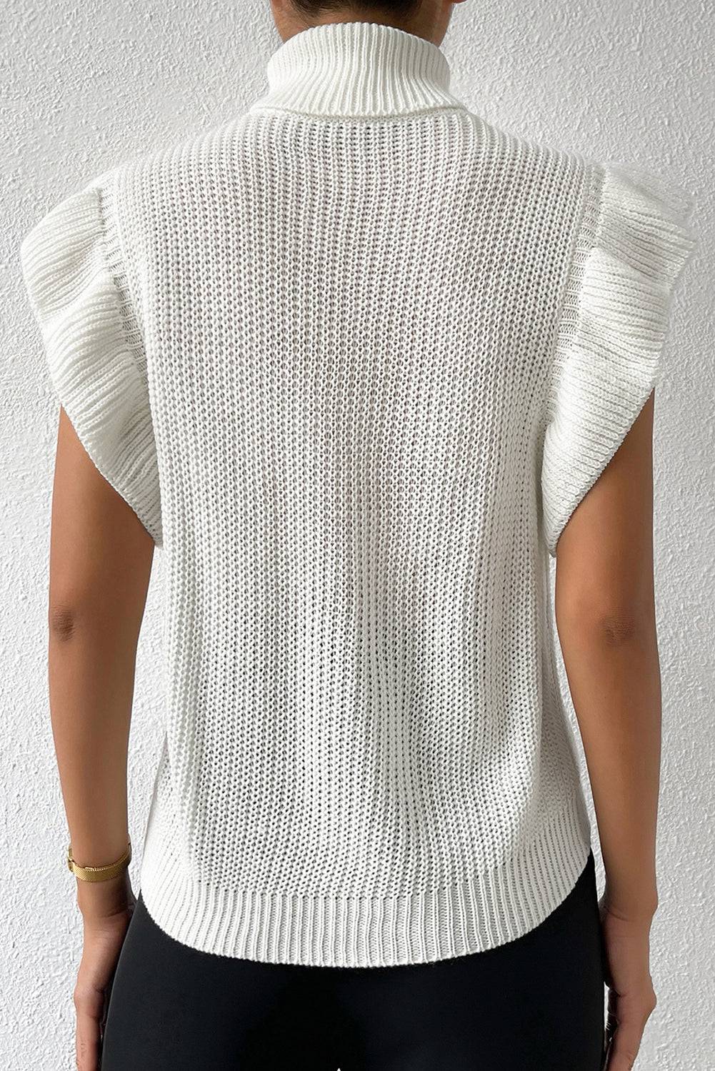 White Turtle Neck Short Sleeve Cable Knit Ruffled Sweater eAura