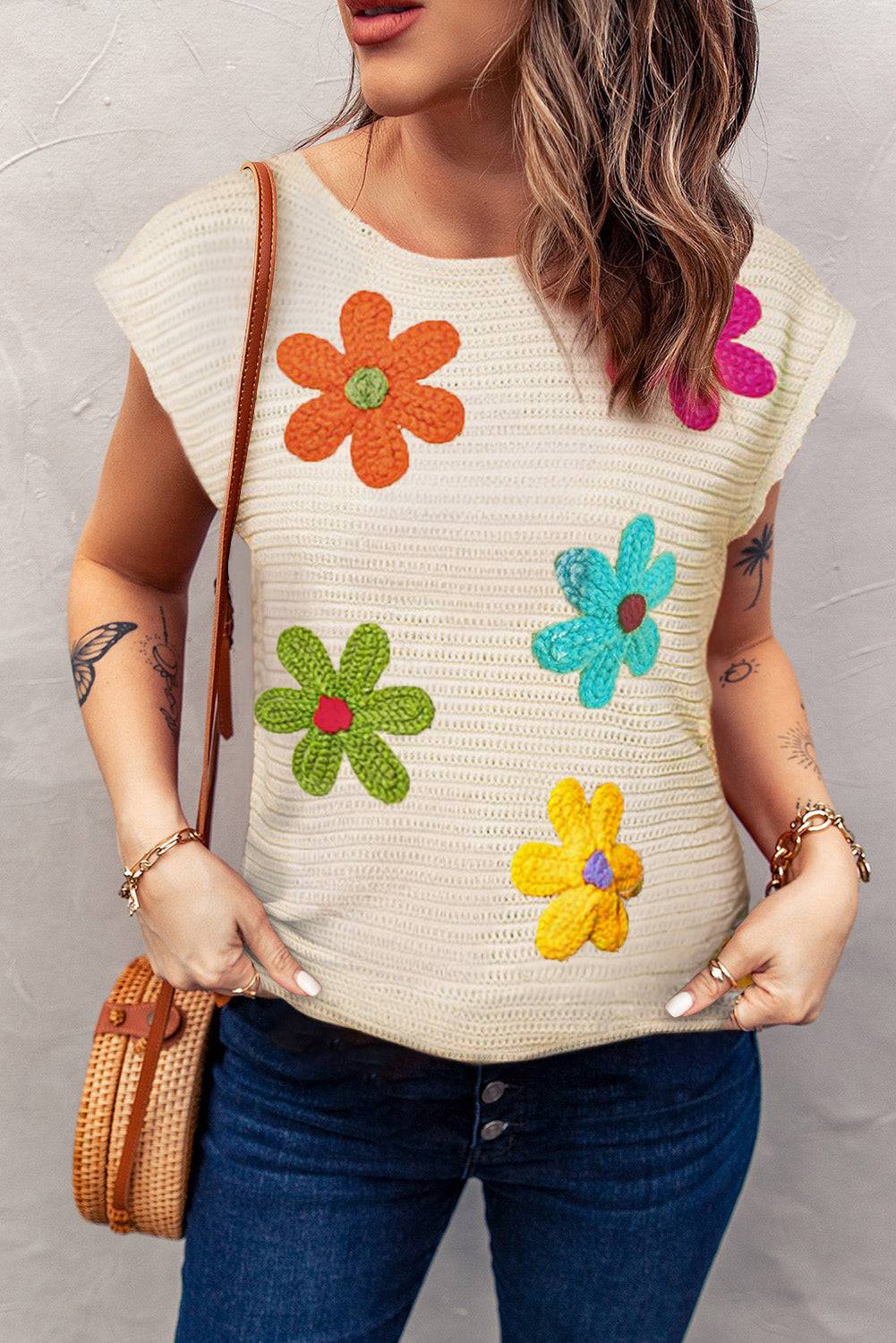 White Flower Crochet Round Neck Knitted Top eAura
